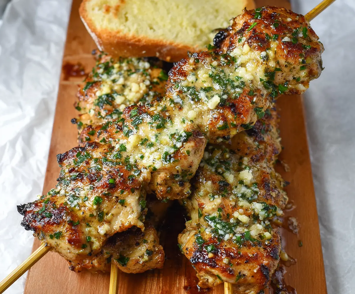 Juicy garlic Parmesan chicken skewers on a grilling platter with fresh herbs.