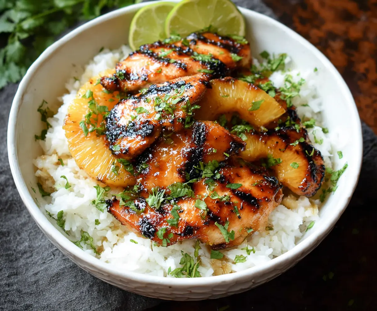 Delicious Hawaiian Chicken served with coconut rice and tropical pineapple slices.