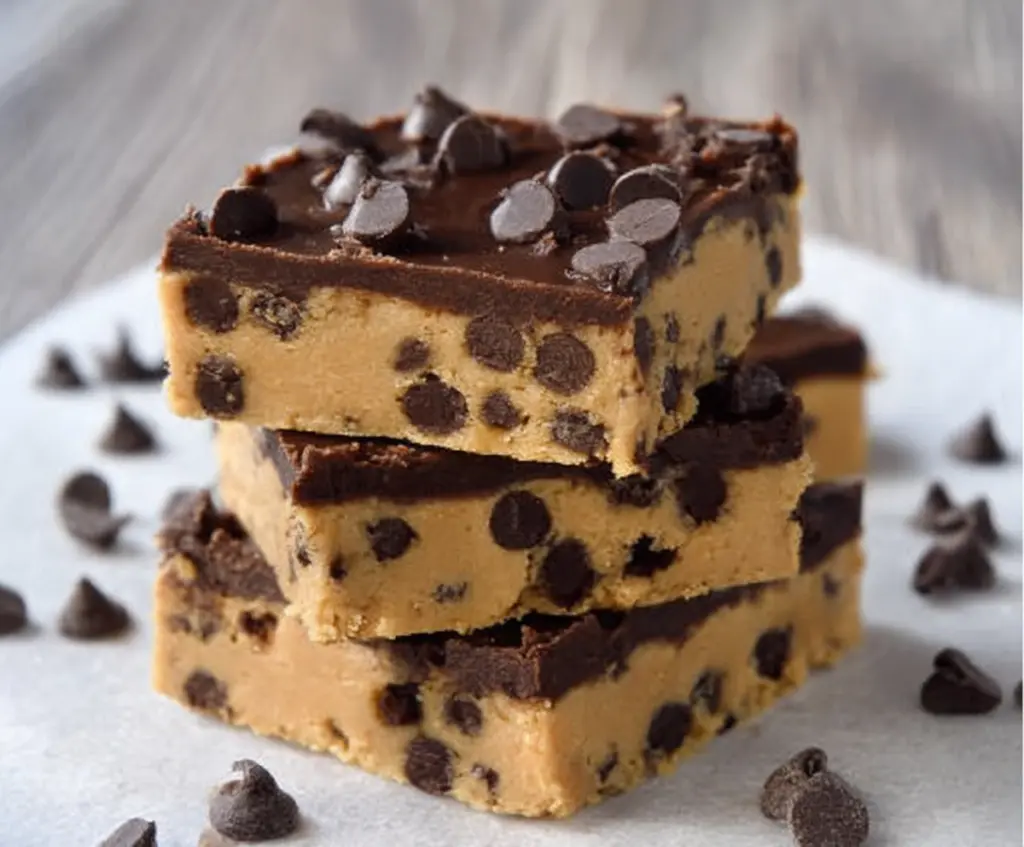 Healthy no-bake cookie dough bars on a plate, featuring oats, chocolate chips, and natural ingredients.