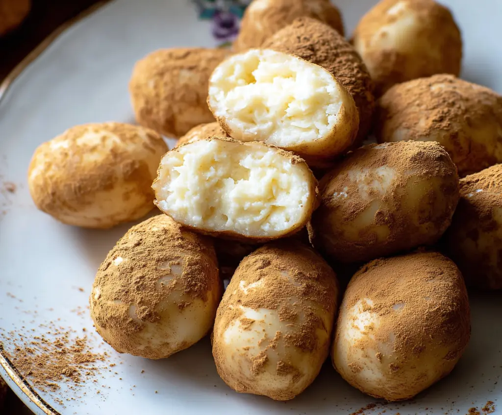 Delicious Irish Potato Candy with smooth creamy filling and coconut exterior on a rustic plate.