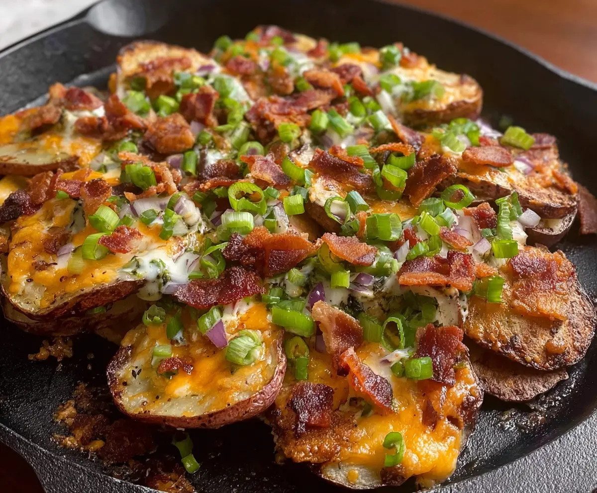 Irish Pub Potato Nachos topped with melted cheese, bacon, and green onions served on a wooden platter.