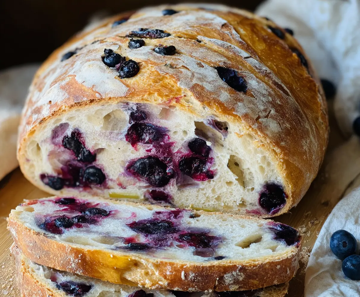 Fresh Lemon Blueberry Sourdough Bread with vibrant blueberries and lemon zest on a rustic white plate.