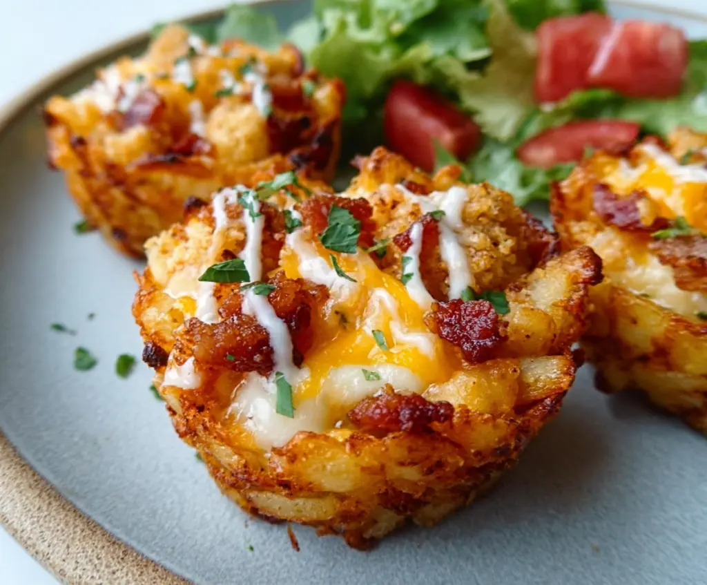 Delicious loaded tater tot cup with cheese, bacon, and green onions, perfect for appetizer or snack.