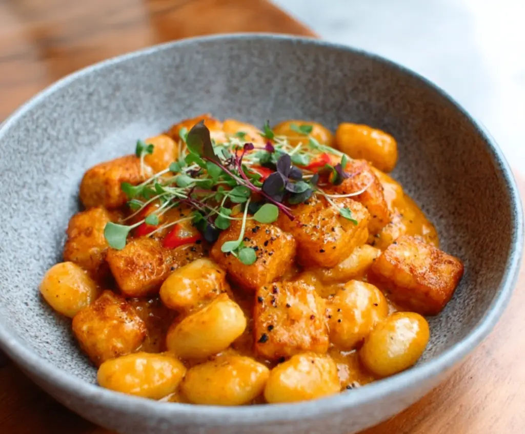 Crispy tofu with gnocchi on a plate, garnished with fresh herbs, serving a flavorful Marry Me Crispy Tofu with Gnocchi recipe.