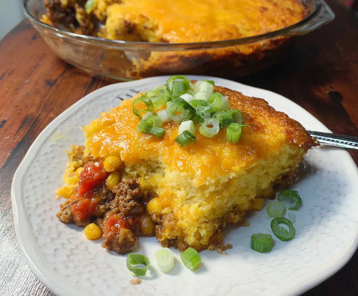 Delicious Mexican Cornbread Casserole with melted cheese and savory toppings.