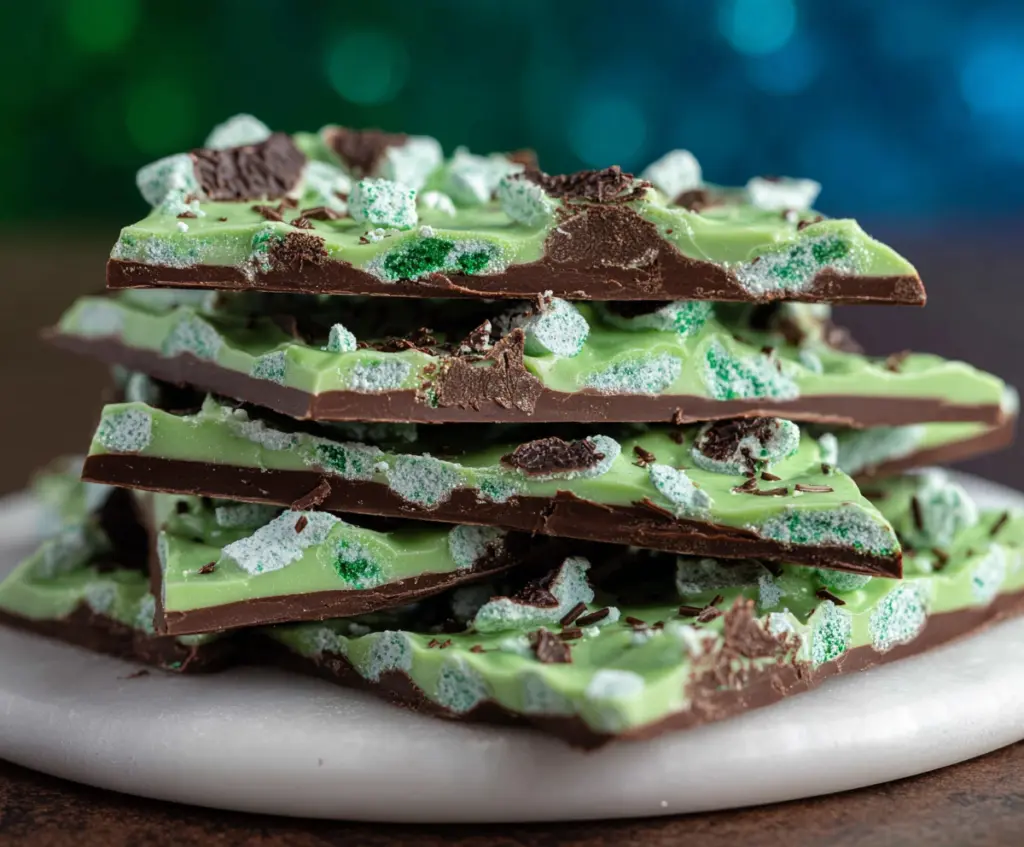 Delicious Mint Chocolate Shamrock Bark with festive green and white colors for St. Patrick's Day.