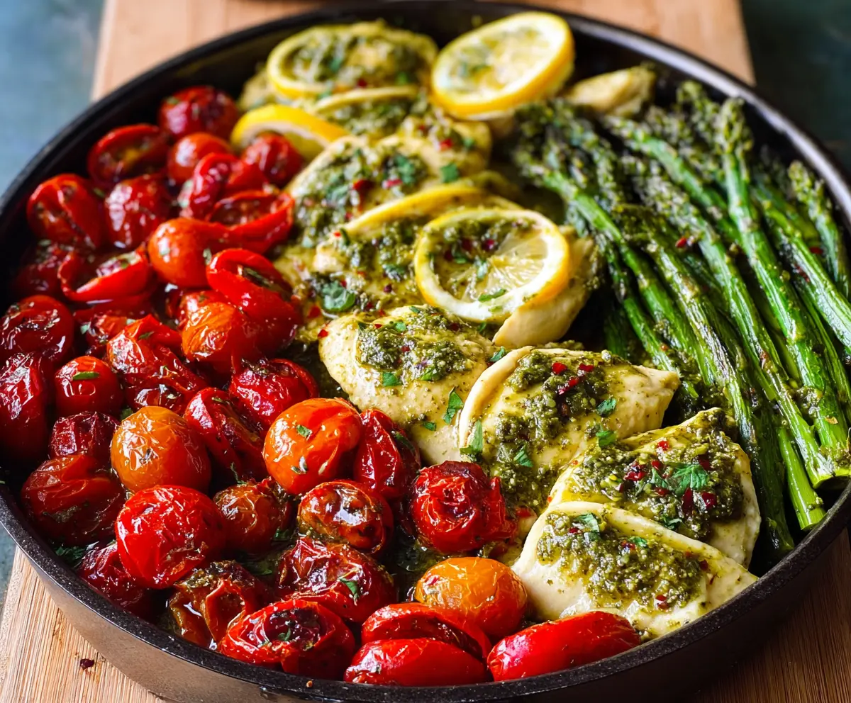 Delicious one-pan pesto chicken recipe with fresh basil and melted cheese.