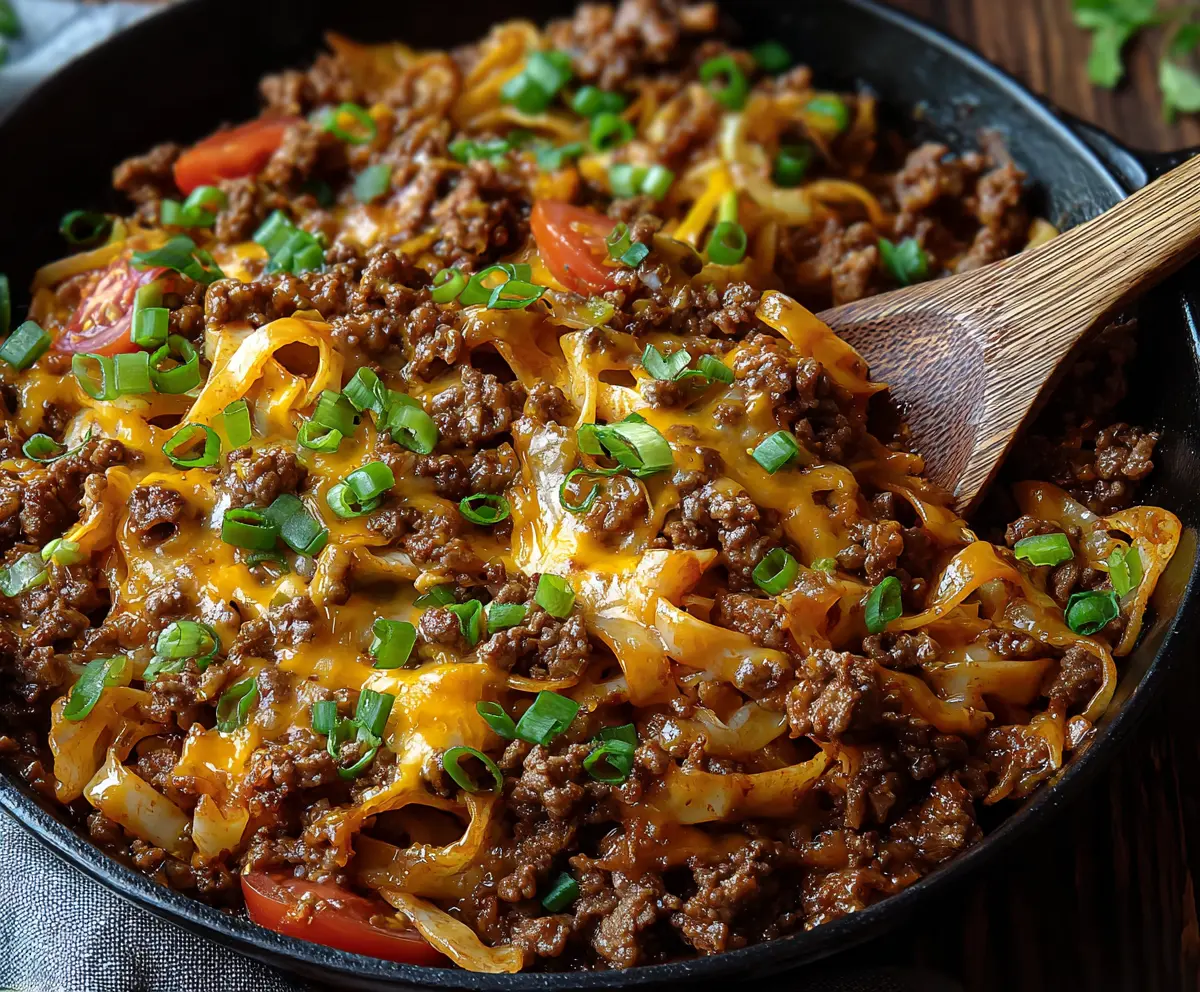 Delicious One-Pan Taco Skillet with seasoned beef, melted cheese, and fresh vegetables served on a skillet.