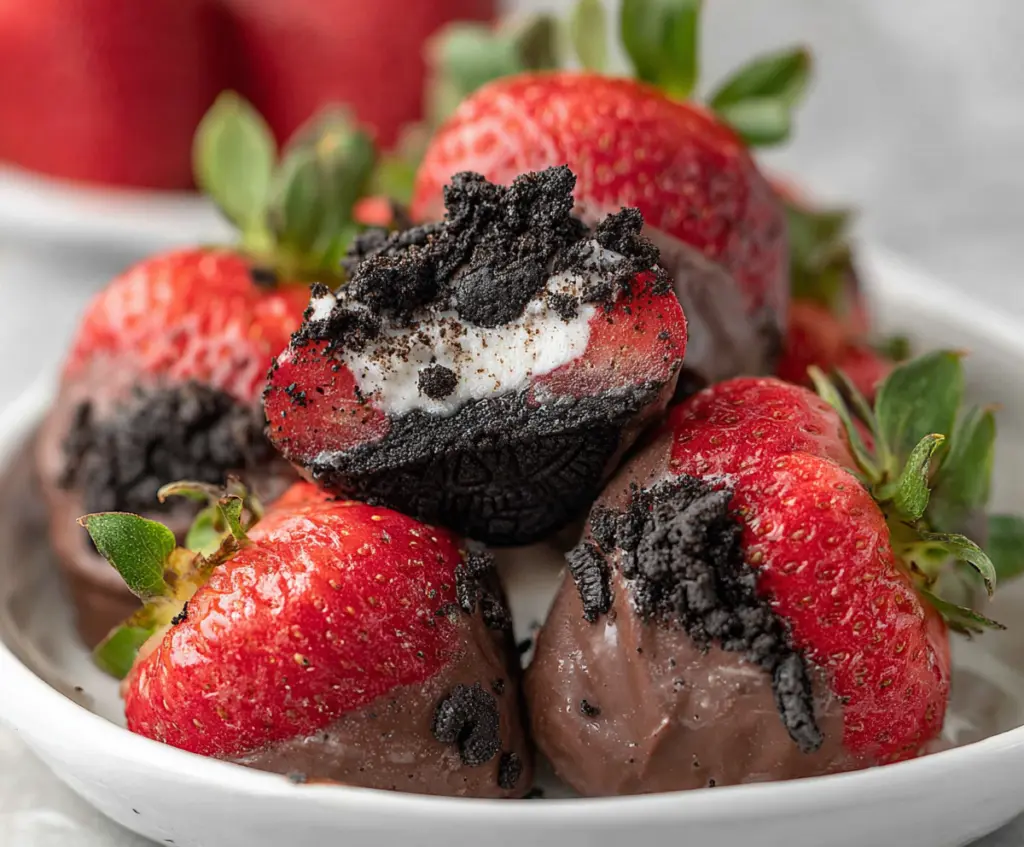 Delicious Oreo truffle-stuffed strawberries garnished with chocolate drizzles for a sweet treat.