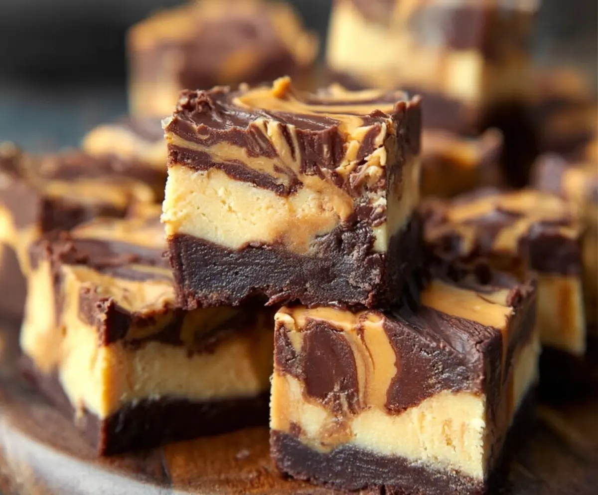 Delicious Peanut Butter Cup Cheesecake Fudge served on a white plate with a chocolate drizzle.