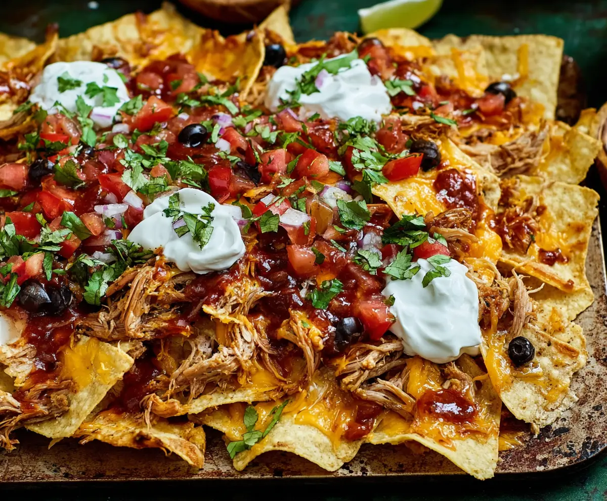 Delicious Pulled Pork Nacho Supreme topped with cheese, jalapeños, and fresh herbs on a vibrant plate.