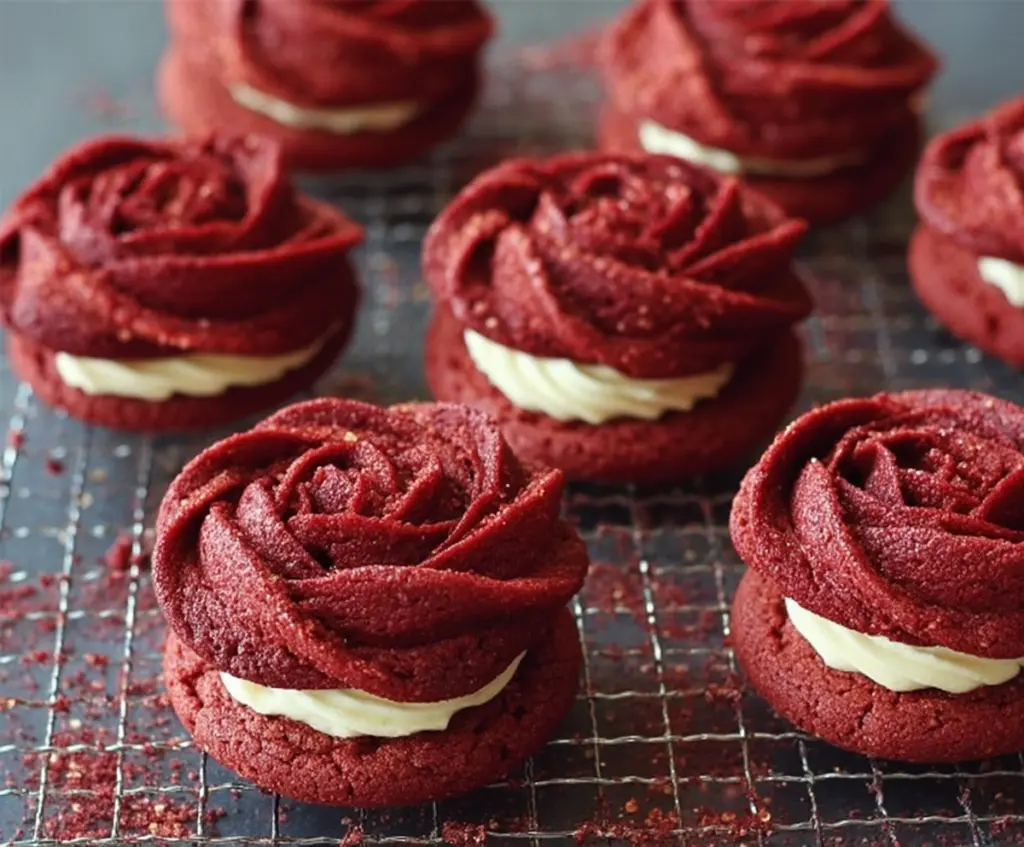 Delicious red velvet rose-shaped sandwich cookies with creamy filling, perfect for desserts and special occasions.
