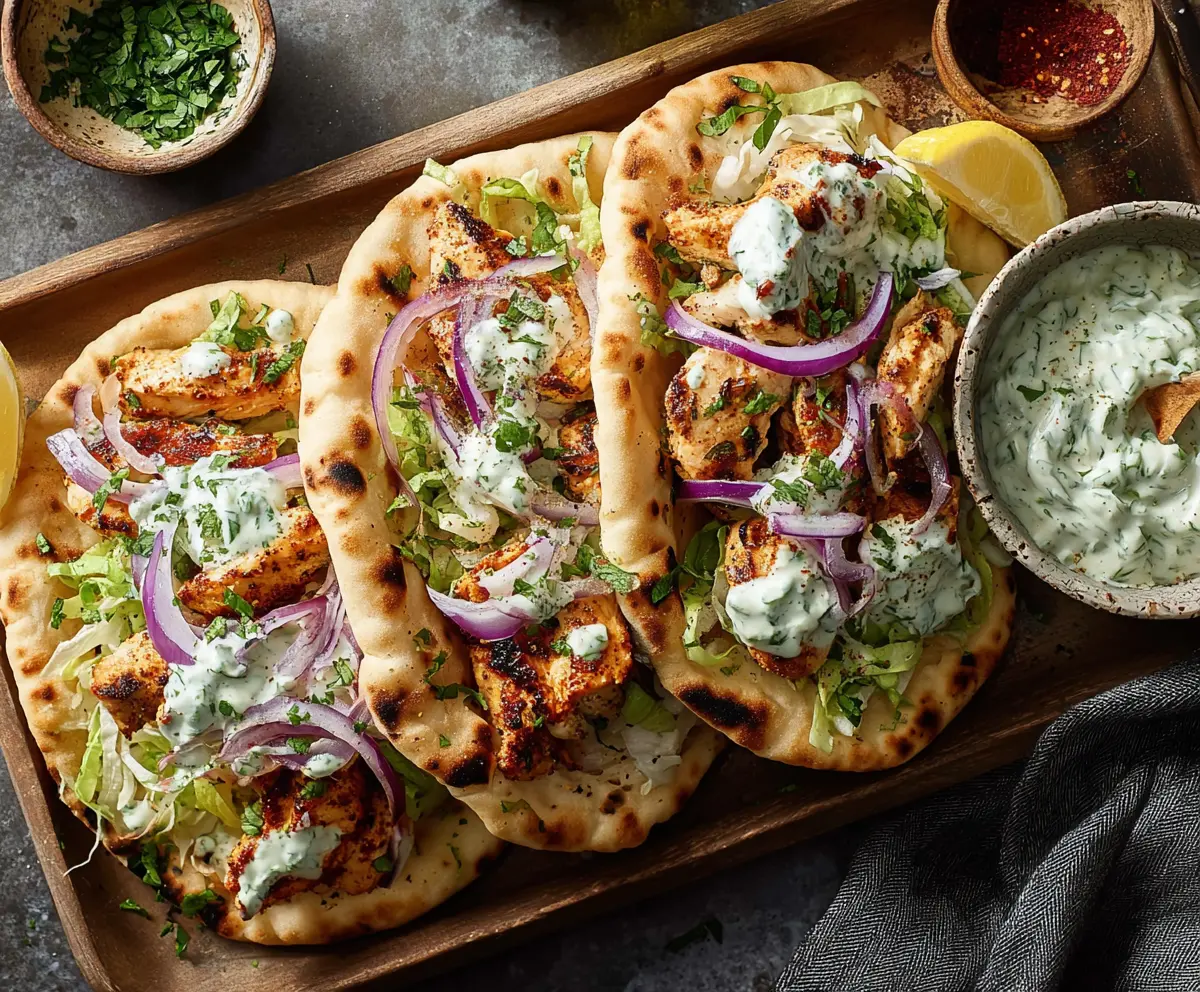 Delicious sheet pan chicken pitas topped with fresh herbs and creamy ranch dressing, perfect for a quick and flavorful meal.