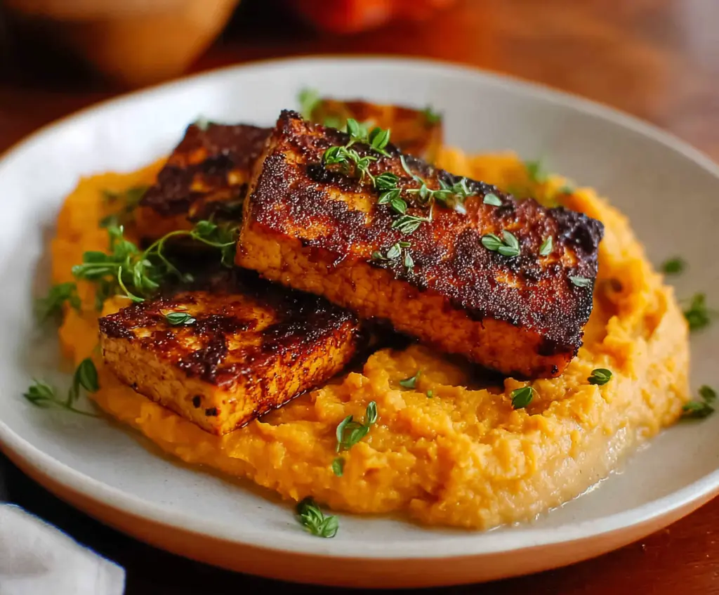 Delicious smoky tofu steak served with creamy mashed sweet potatoes, stylishly plated for a healthy vegan meal.