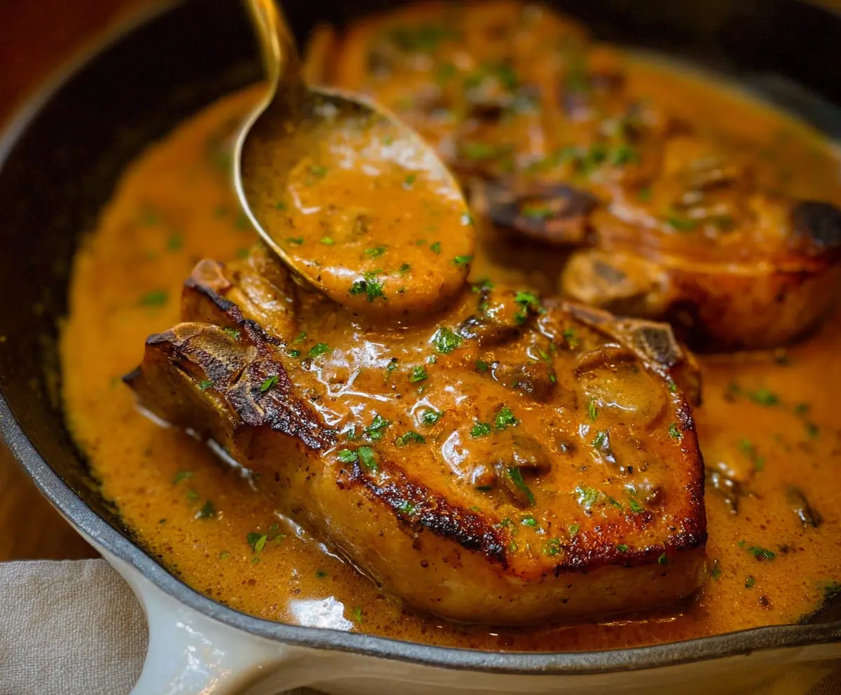 Delicious smothered pork chops topped with gravy and served with mashed potatoes.