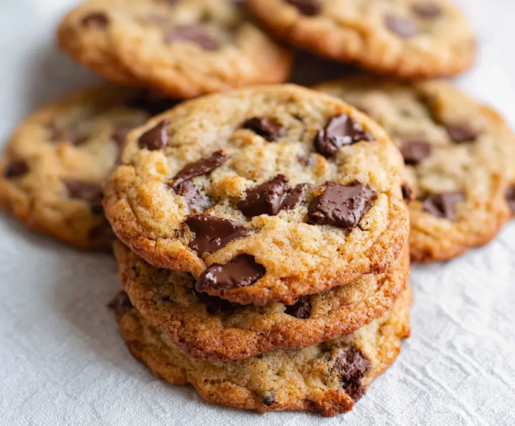 Delicious sourdough discard chocolate chip cookies on a baking tray, golden and chewy.
