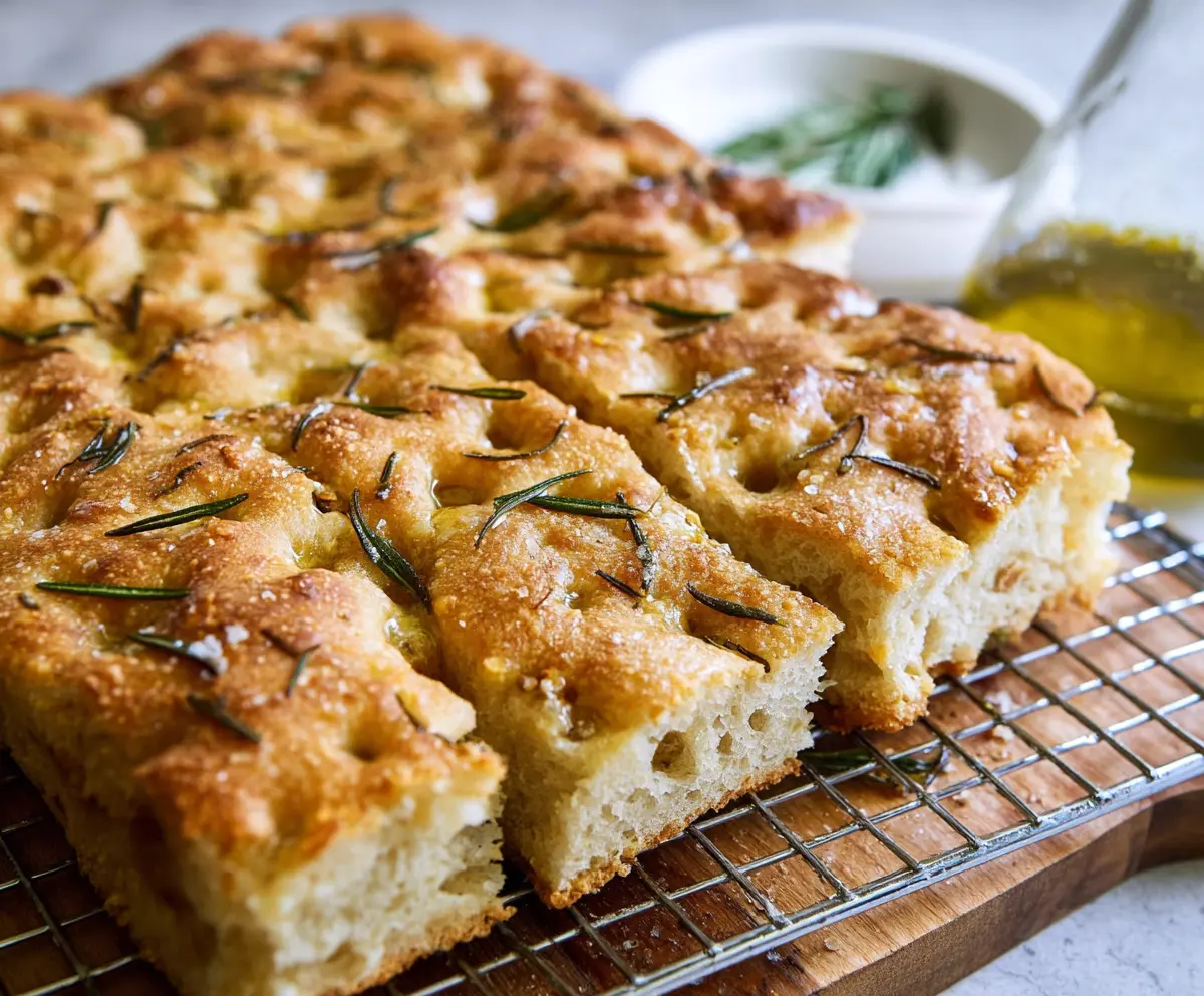 Delicious homemade sourdough discard focaccia topped with fresh rosemary and drizzled with olive oil.