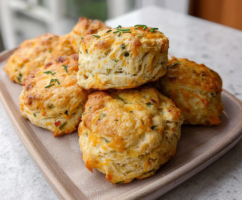 Golden sourdough discard savory cheddar biscuits with melted cheese and crispy edges on a rustic wooden surface.