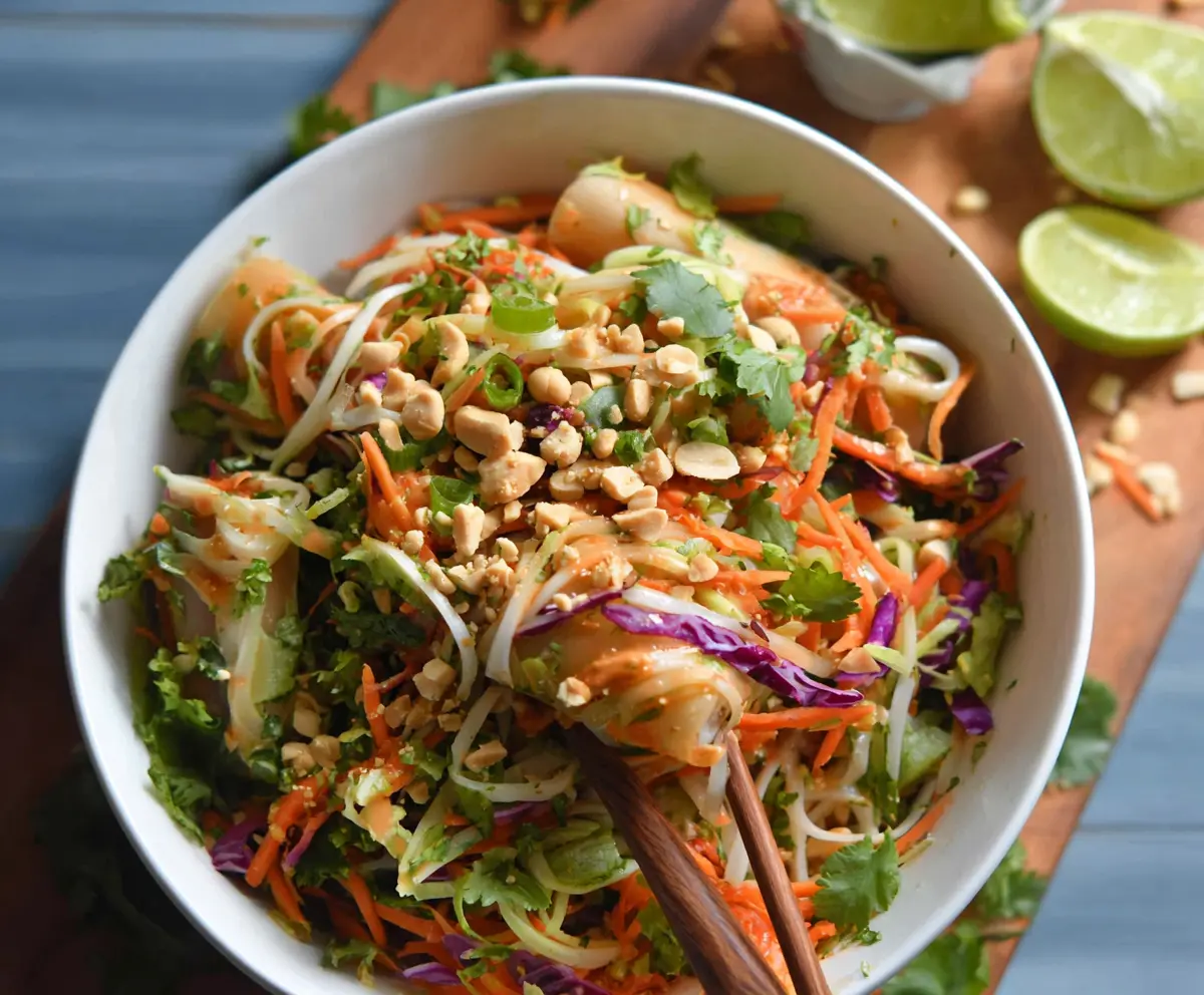 Colorful Spring Roll Salad with Fresh Vegetables and Peanut Dressing