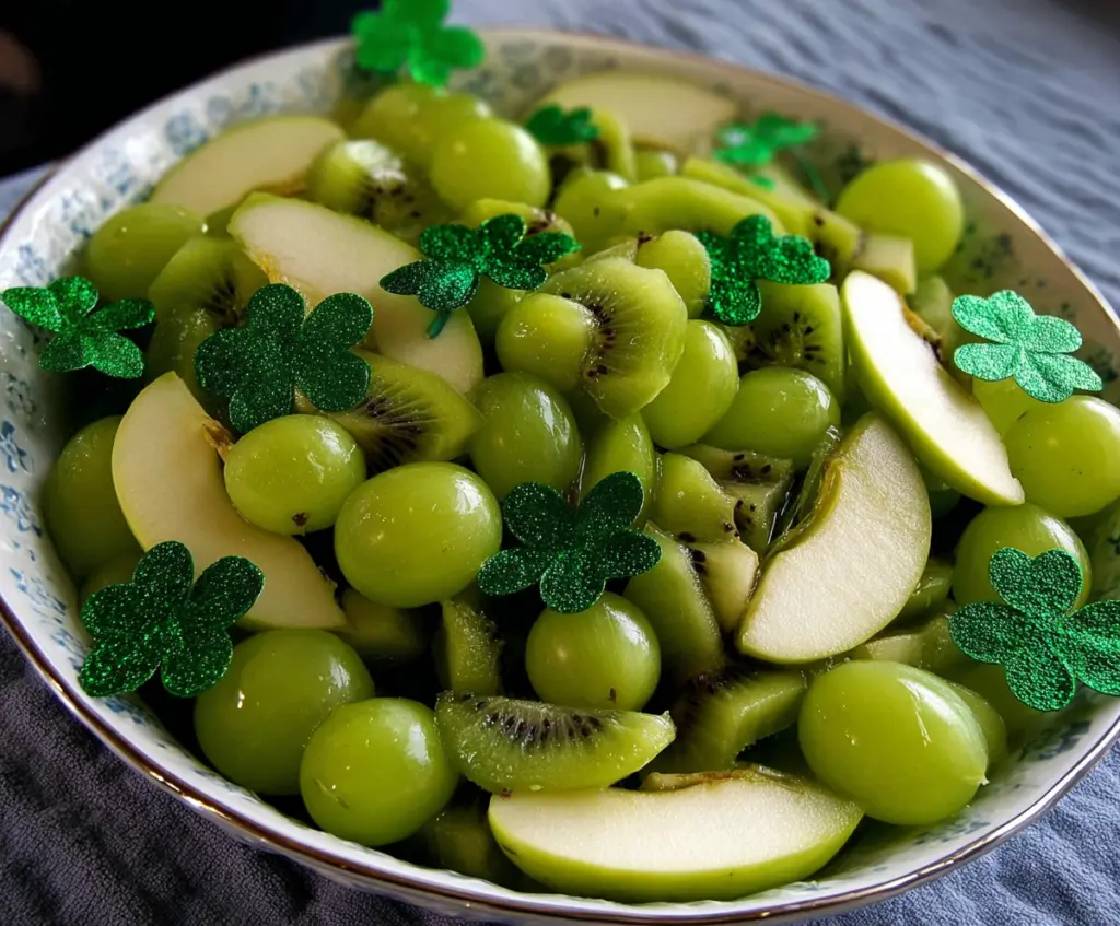 Colorful St. Patrick’s Day green fruit salad with fresh sliced kiwi, honeydew melon, and grapes in a festive bowl.