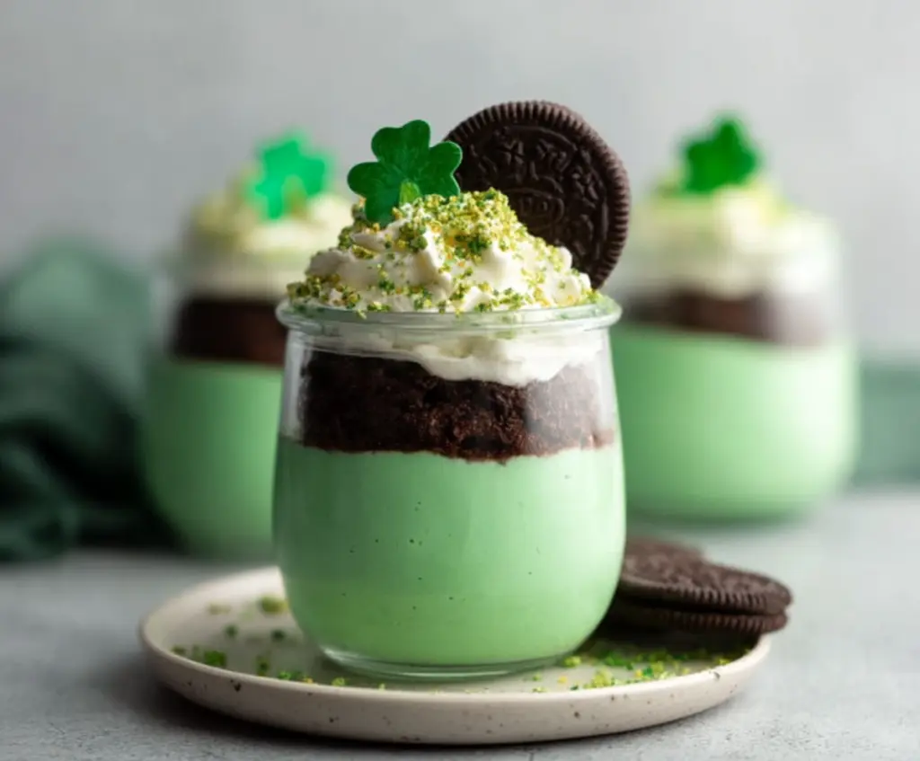 Green shake pudding cups decorated for St. Patrick's Day with festive toppings.