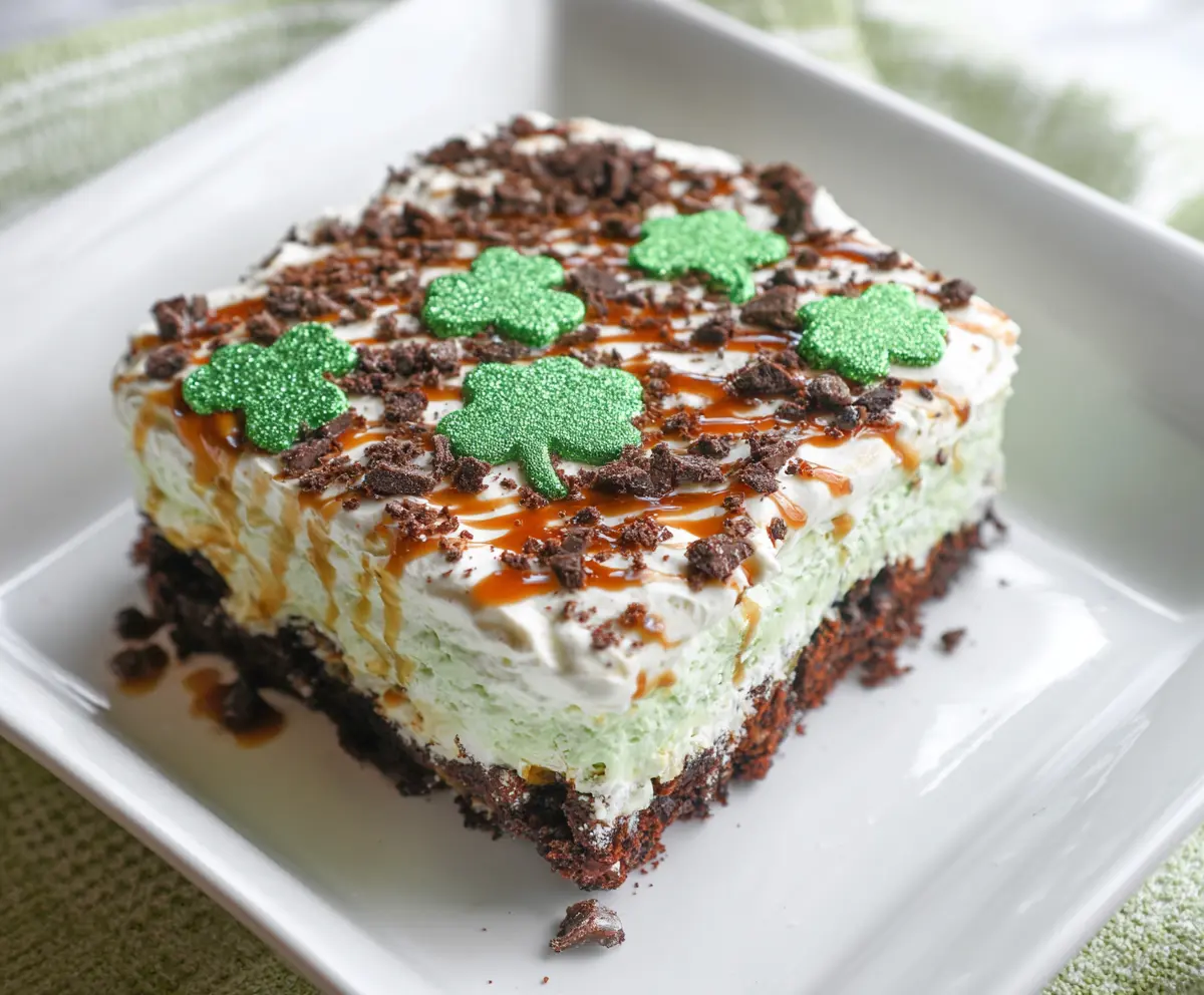 Delicious St. Patrick's Day Shamrock Lasagna Dessert with vibrant green layers and festive shamrock decorations.
