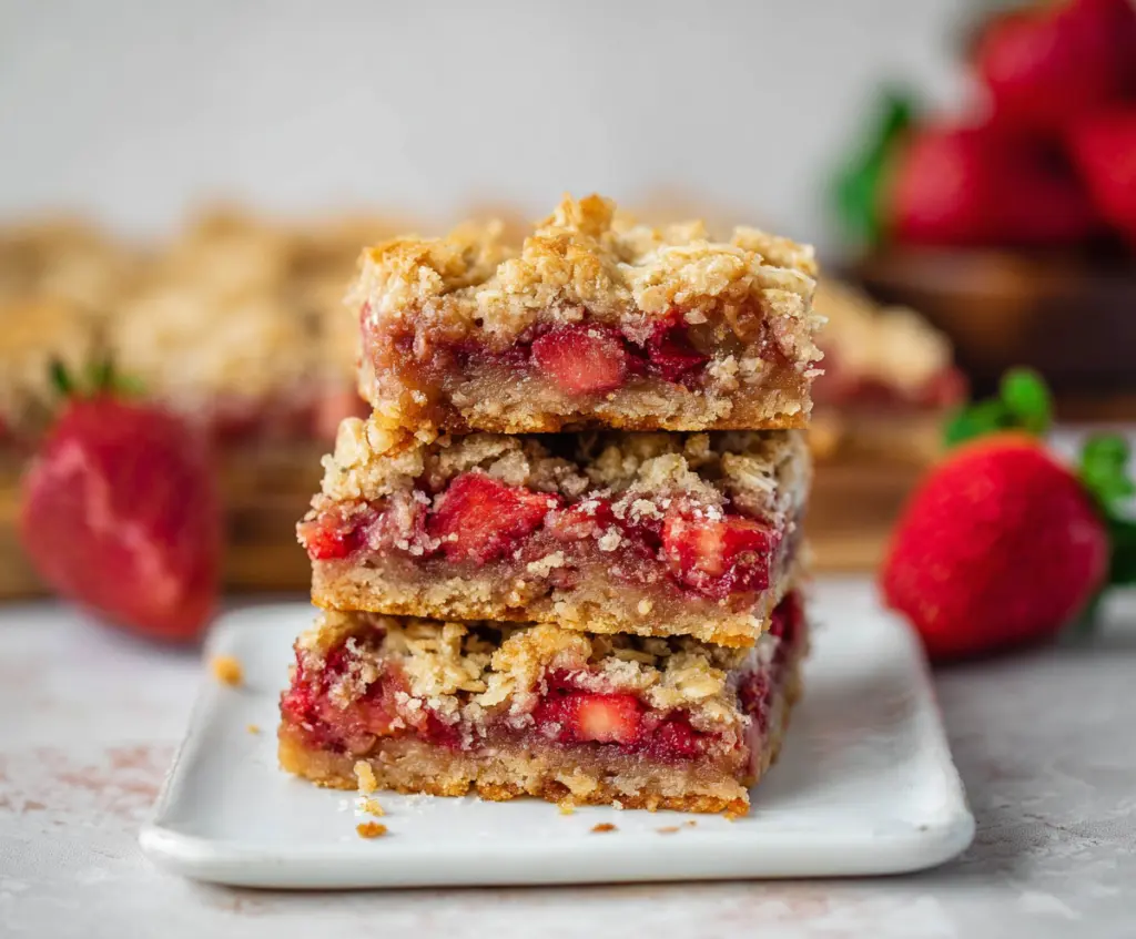 Delicious Strawberry Oatmeal Crumble Bars with a golden crust and fresh strawberry topping
