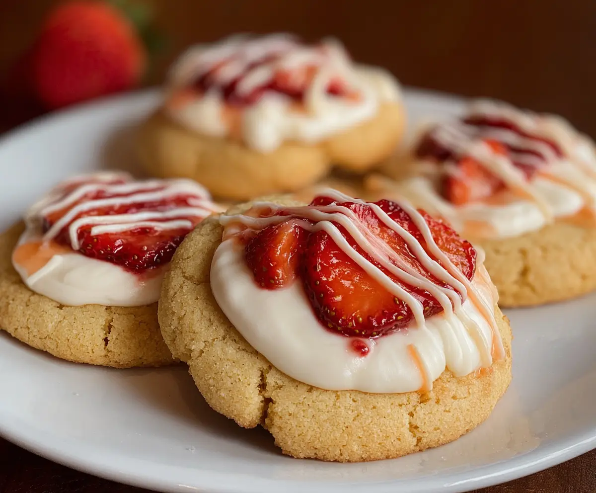 Delicious strawberry shortcake cookies with fresh strawberries and whipped cream on a dessert plate
