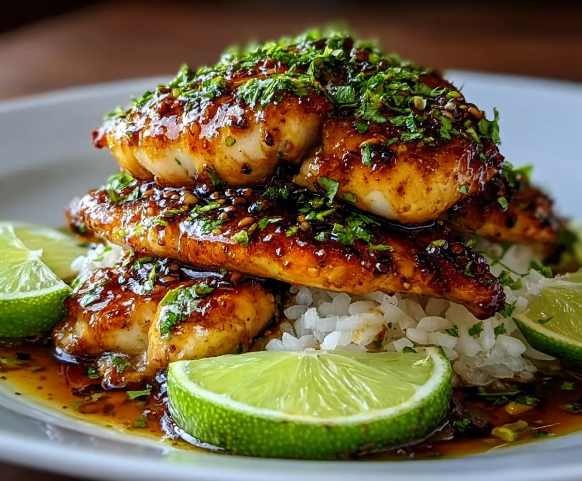 Juicy Tangy Honey Lime Chicken served on a plate with fresh herbs.
