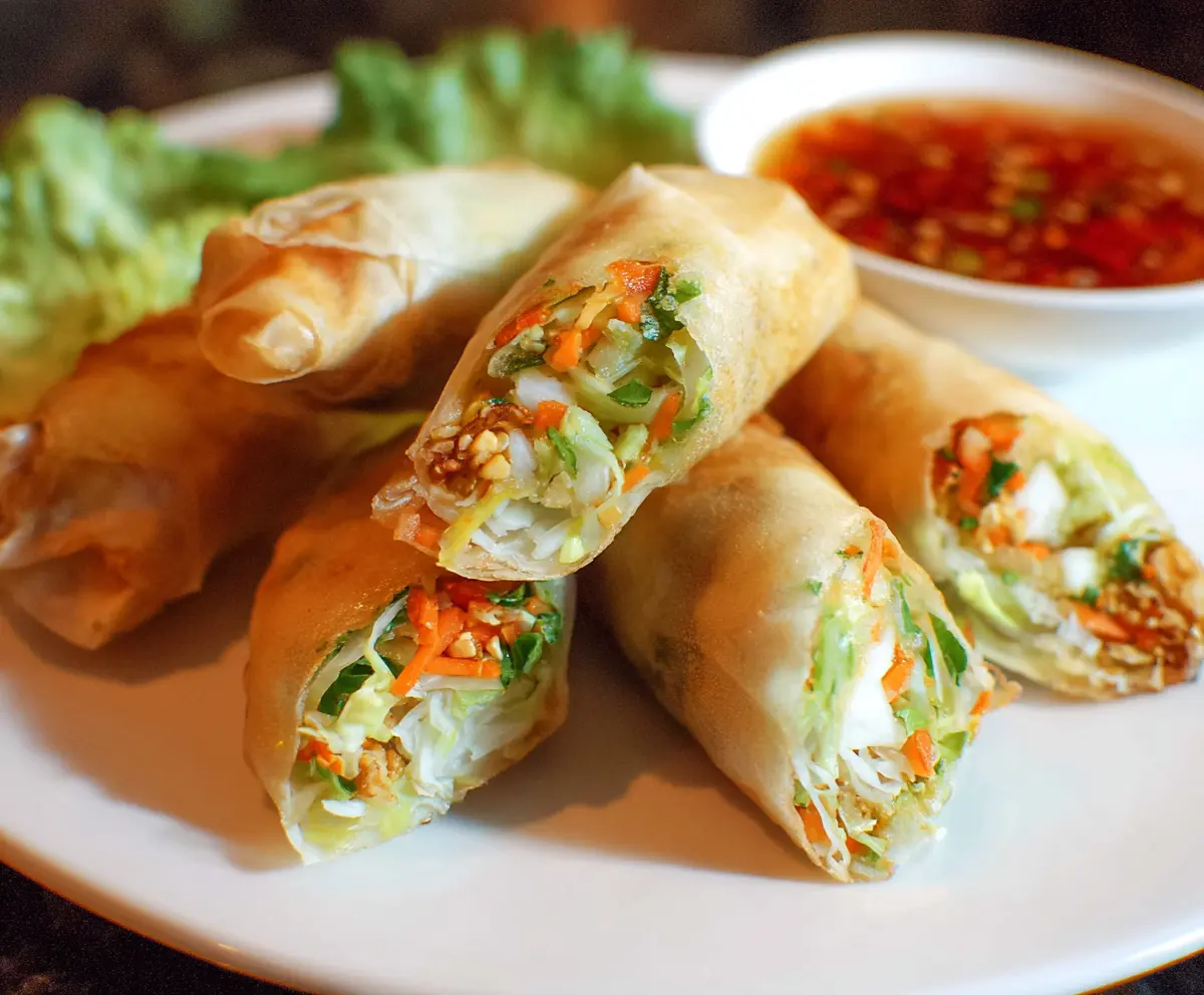 Fresh Thai spring rolls filled with vegetables and herbs, served with dipping sauce