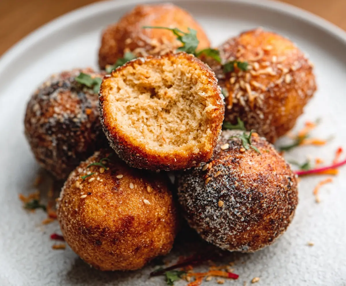 Delicious crispy tofu donut balls served with dipping sauce on a white plate.