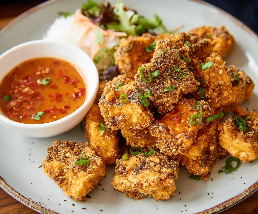 Crispy tofu fried chicken served on a plate with sides, showcasing a vegetarian alternative to traditional fried chicken.