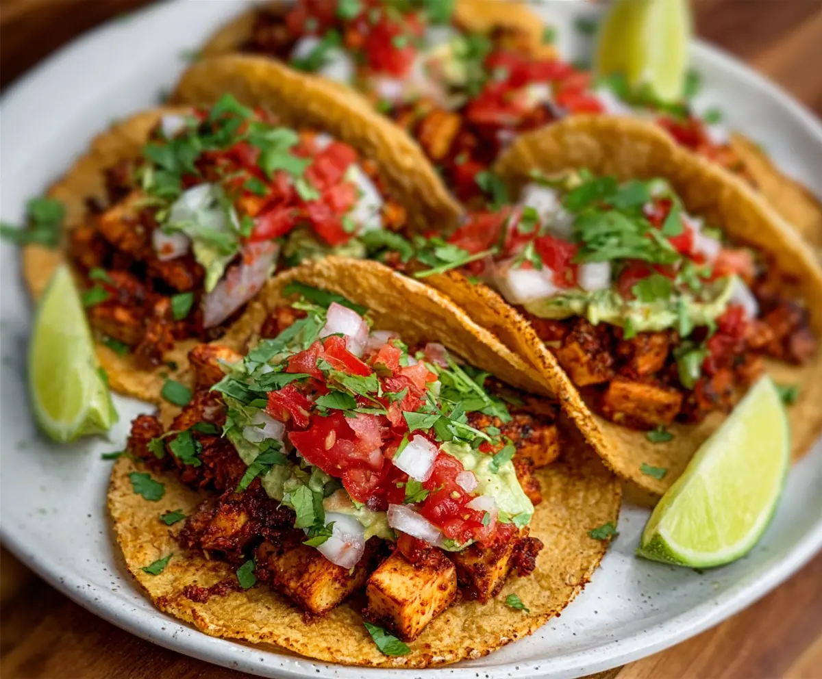 Delicious tofu tacos garnished with fresh vegetables and herbs on a rustic plate