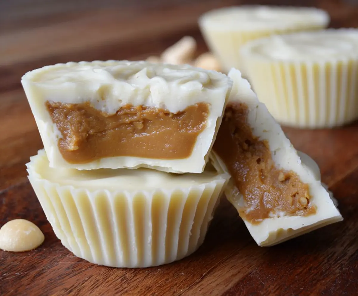 Delicious white chocolate peanut butter cups on a plate, showcasing creamy peanut butter filling encased in smooth white chocolate.