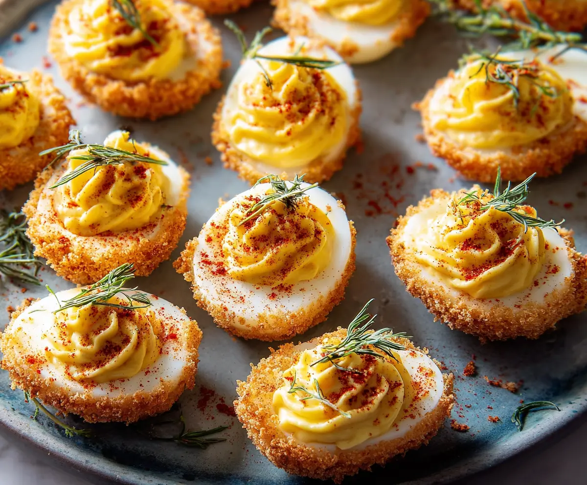 Delicious air fryer deviled eggs garnished with paprika and fresh herbs.
