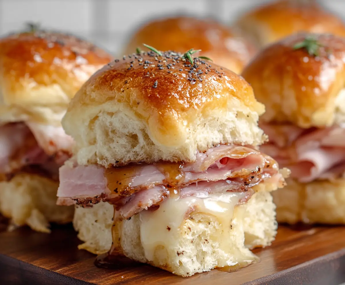Close-up of delicious Brown Sugar Glazed Ham Biscuit Sliders showcasing golden-brown biscuits with sweet ham glaze.