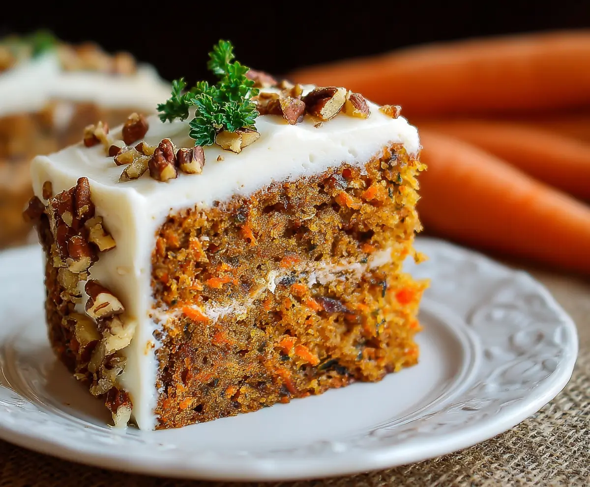 Delicious homemade carrot cake with cream cheese frosting and grated carrots on top