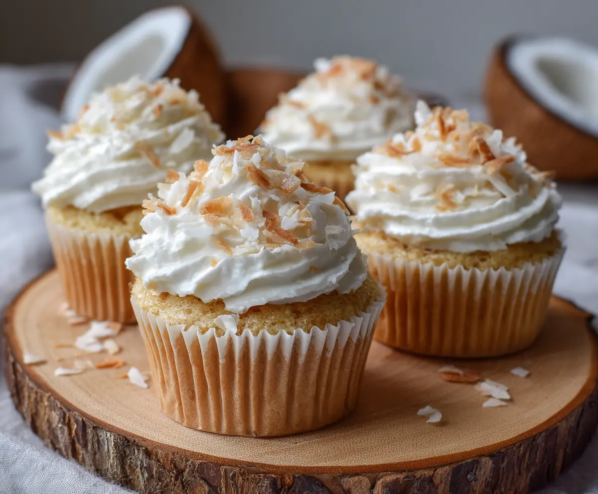 Delicious coconut cupcakes with fluffy frosting and shredded coconut topping on a cake stand.