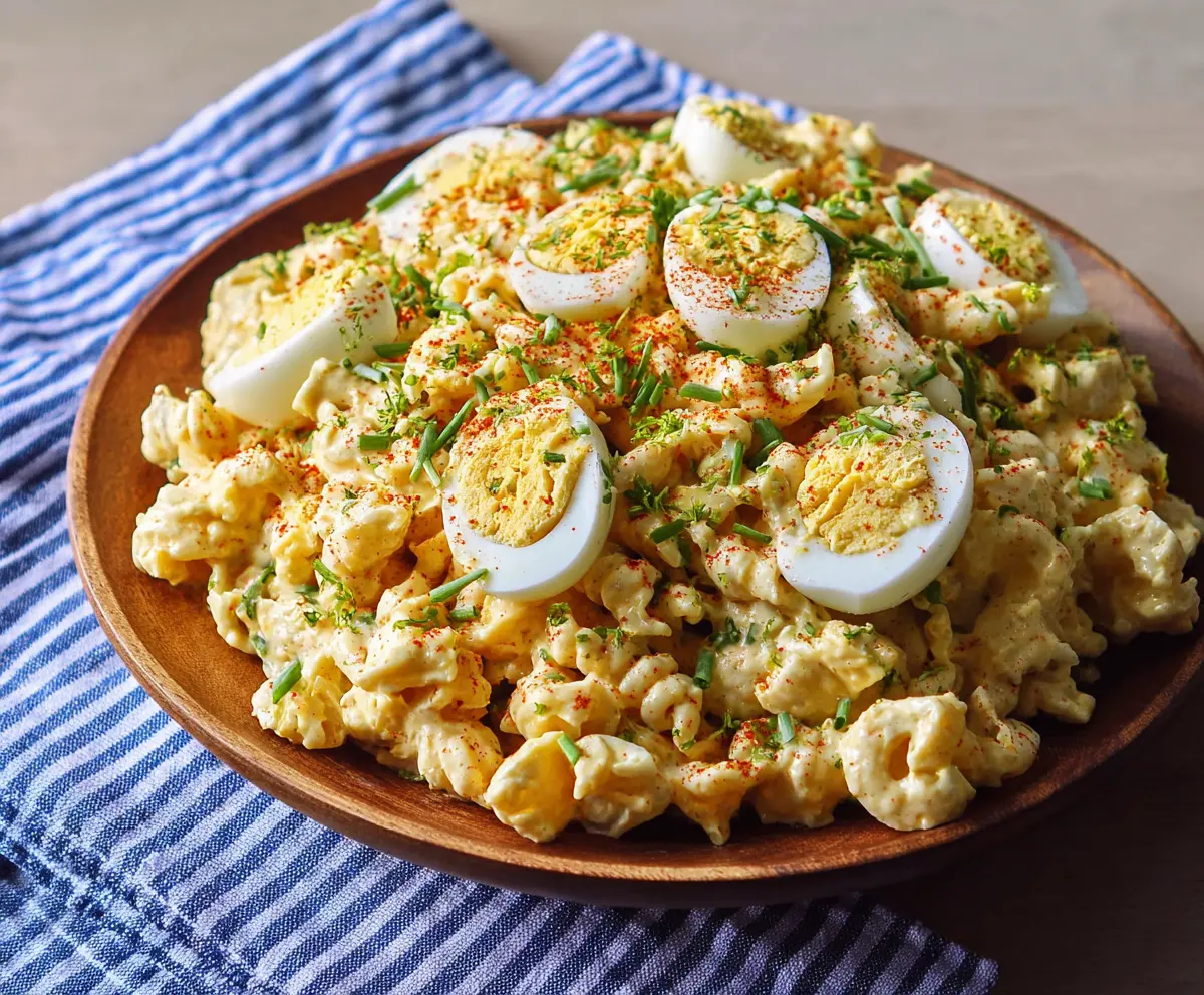 Creamy deviled egg pasta salad garnished with herbs in a bowl, perfect for picnics and gatherings