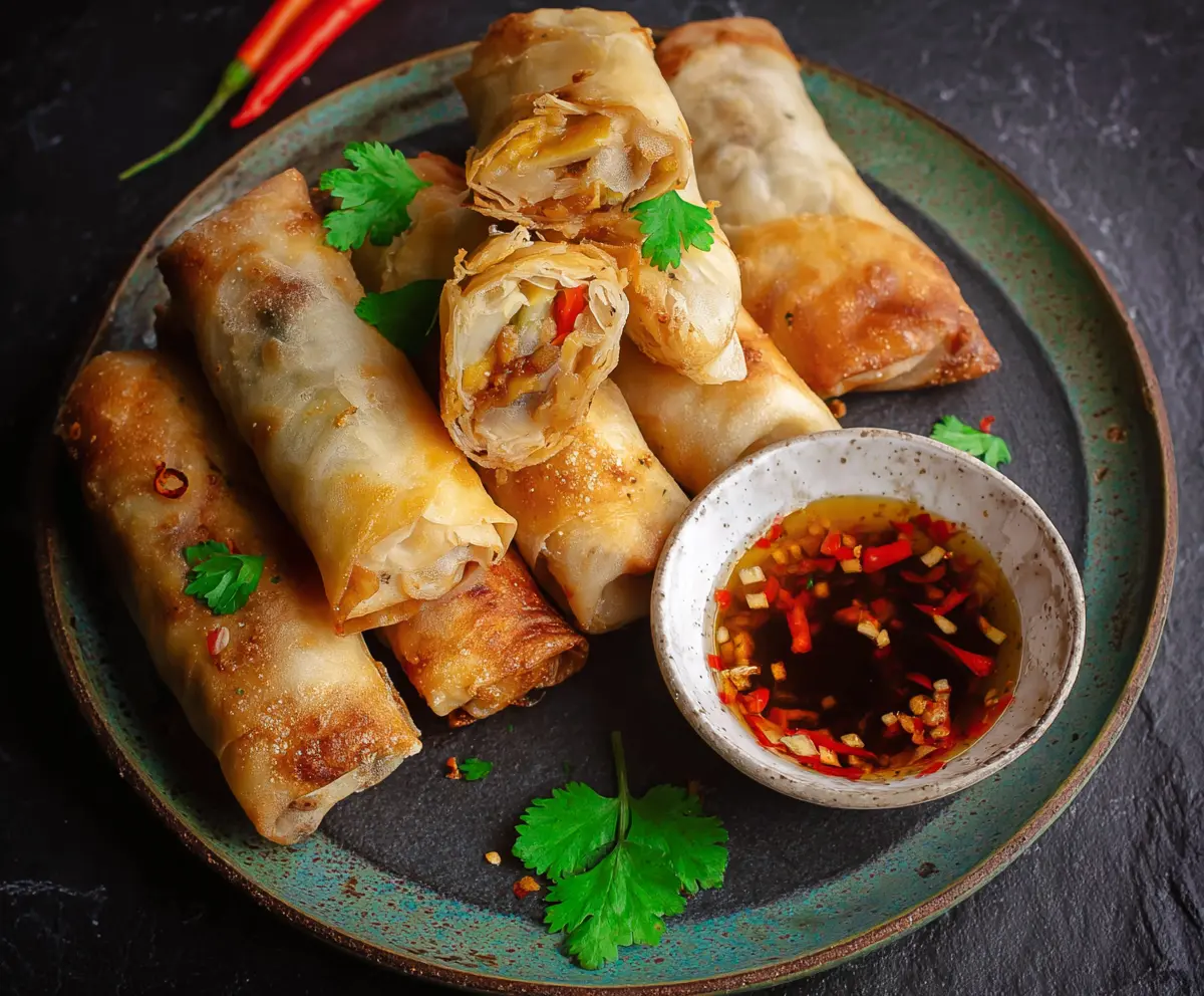 Crispy baked vegetable spring rolls on a white plate, garnished with fresh herbs.