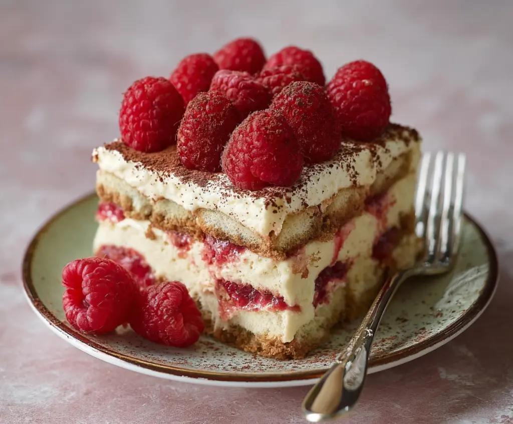 Delicious fresh raspberry tiramisu with creamy mascarpone and vibrant red raspberries on top