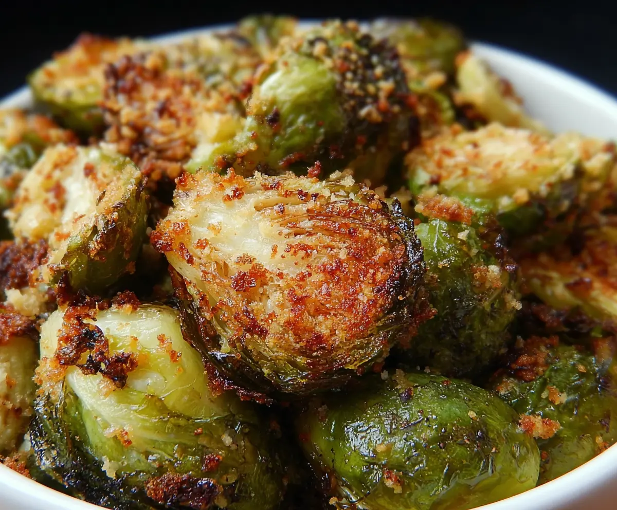 Delicious garlic Parmesan roasted Brussels sprouts garnished with fresh herbs on a rustic plate.