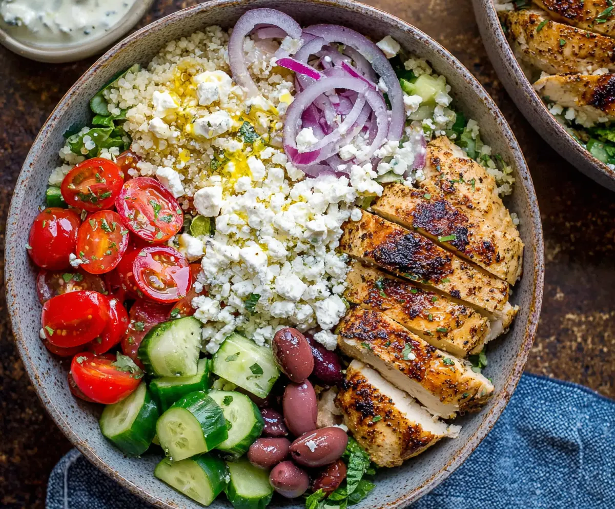 Fresh Greek Chicken Salad Bowls with colorful vegetables and feta cheese.