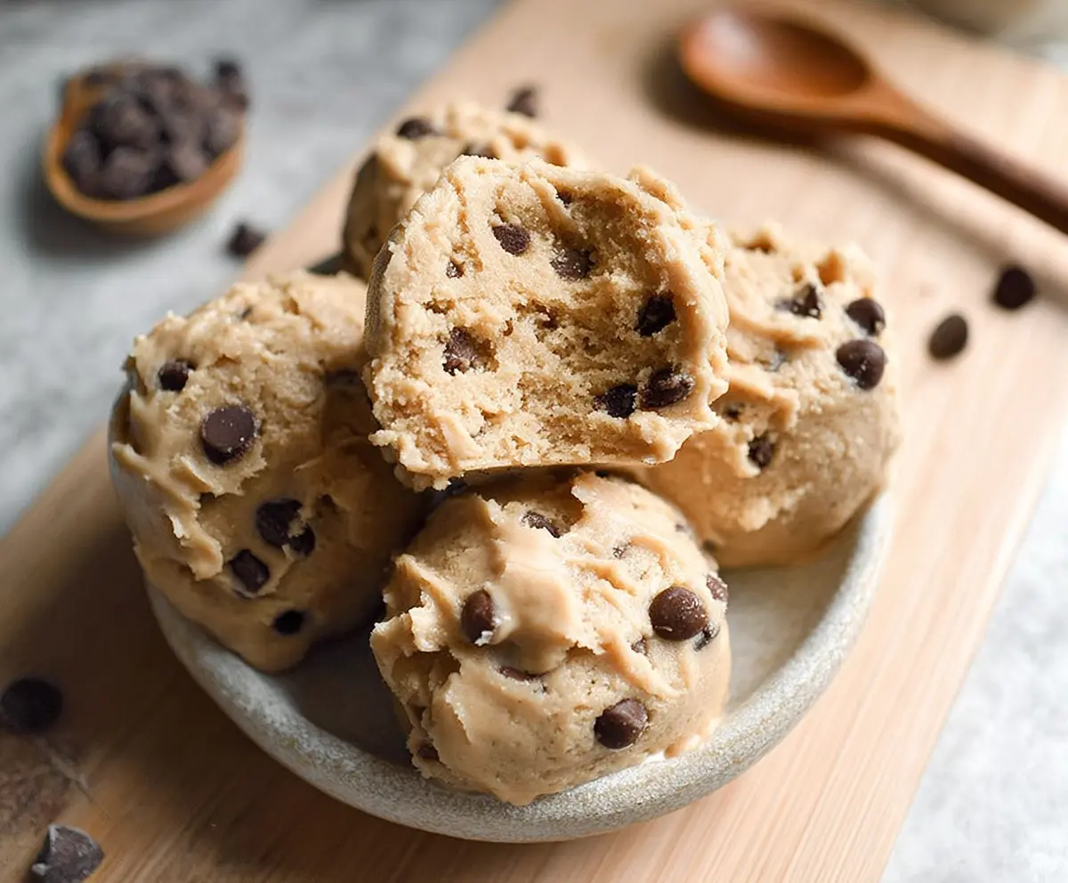 Creamy Greek yogurt cookie dough with chocolate chips in a bowl for a healthy dessert recipe