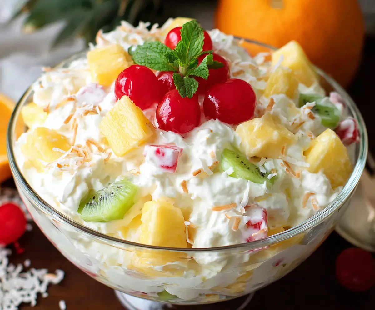 Creamy Hawaiian Cheesecake Salad with fresh pineapple and coconut flakes in a glass bowl.