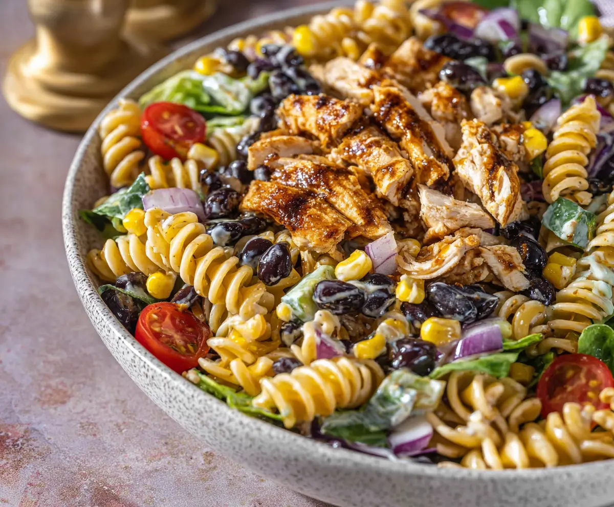 High Protein BBQ Chicken Pasta Salad