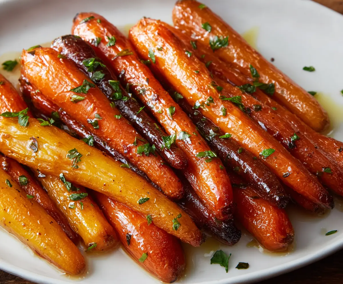 Delicious honey glazed roasted carrots garnished with fresh herbs, showcasing a vibrant and appetizing vegetable side dish.