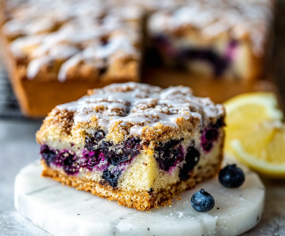 Delicious Lemon Blueberry Sourdough Coffee Cake topped with fresh blueberries and lemon zest.