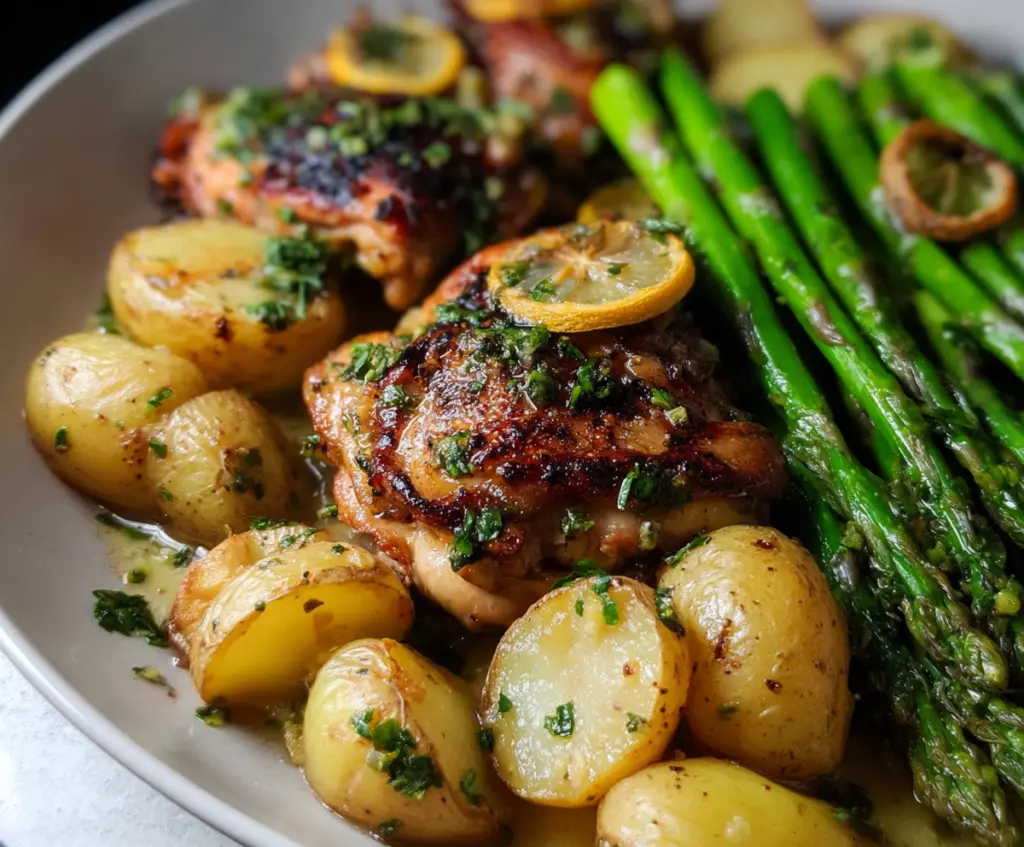 Lemon Herb Chicken Thighs with Asparagus and Baby Potatoes