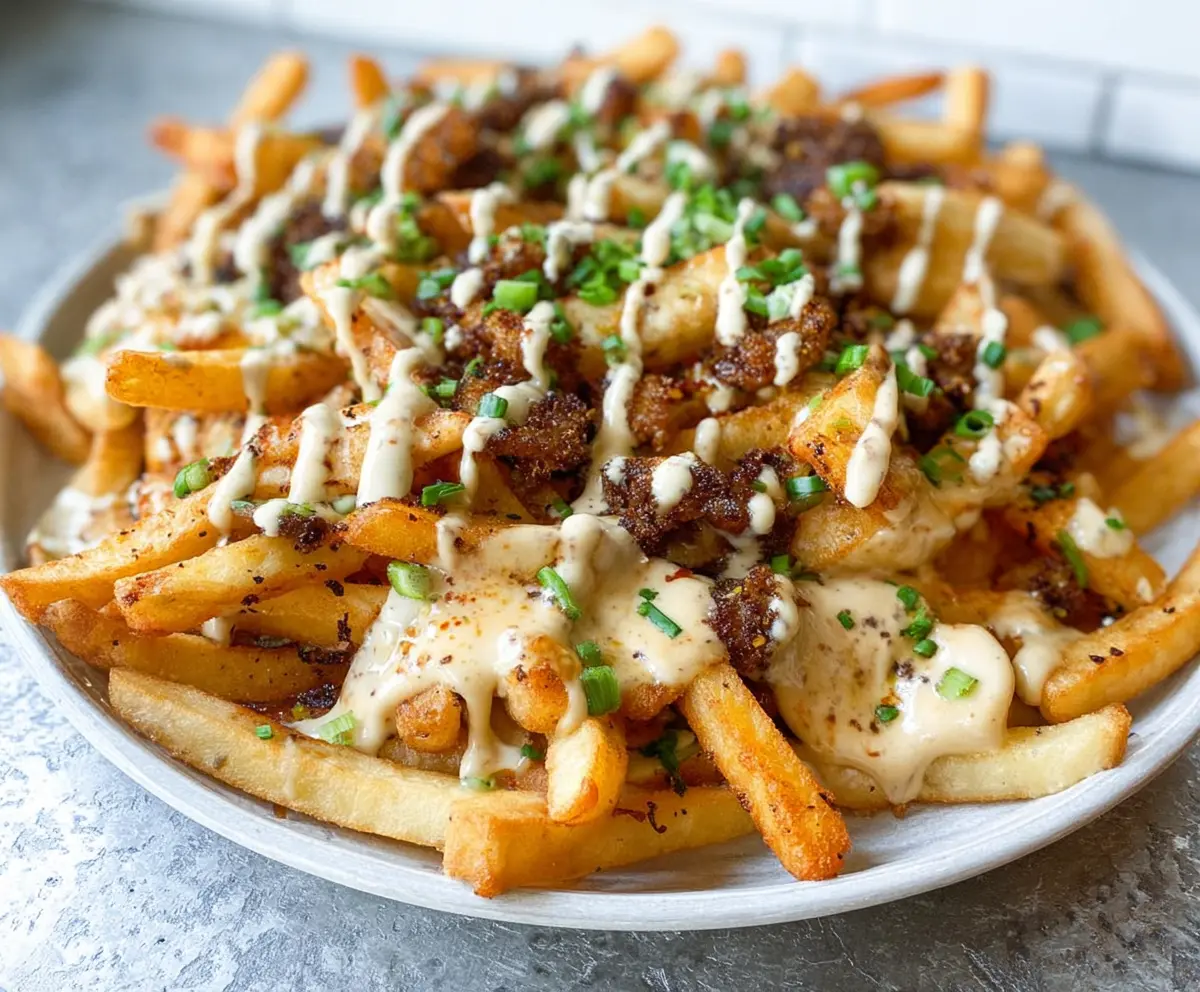 Savory Louisiana Voodoo Fries topped with spicy seasonings and melted cheese, perfect for a flavorful snack.